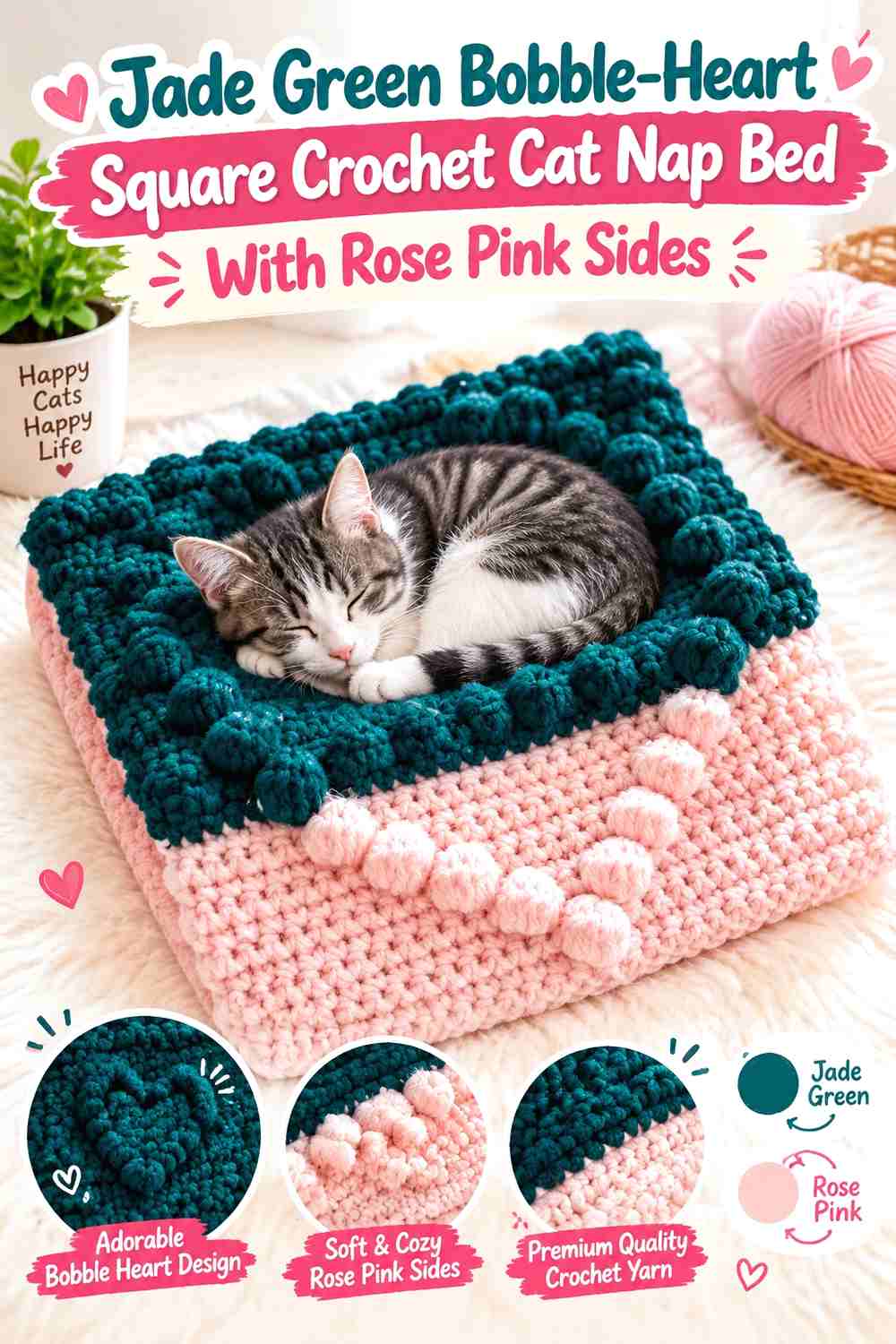 Jade Green Bobble-Heart Square Crochet Cat Nap Bed With Rose Pink Sides