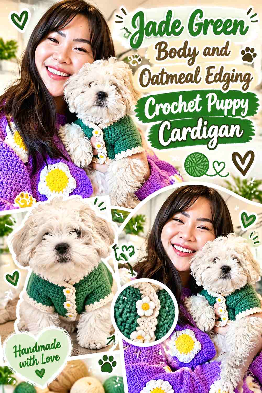 Jade Green Body and Oatmeal Edging Crochet Puppy Cardigan