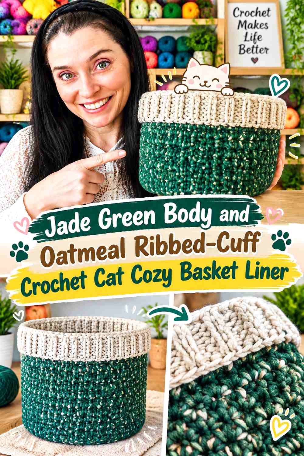 Jade Green Body and Oatmeal Ribbed-Cuff Crochet Cat Cozy Basket Liner