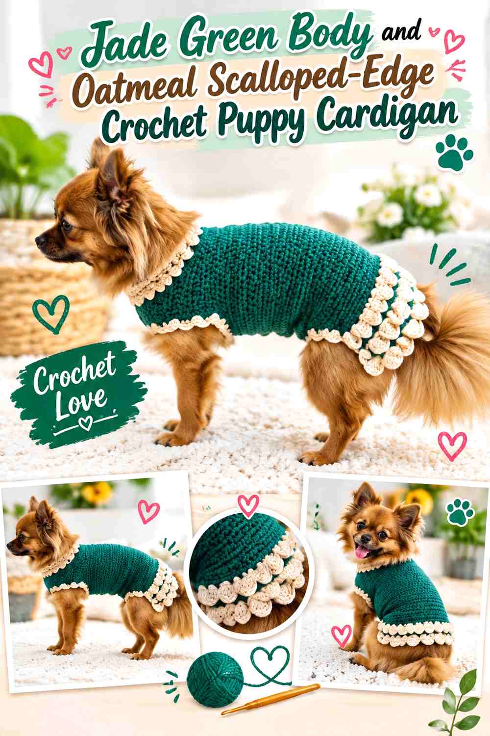 Jade Green Body and Oatmeal Scalloped-Edge Crochet Puppy Cardigan
