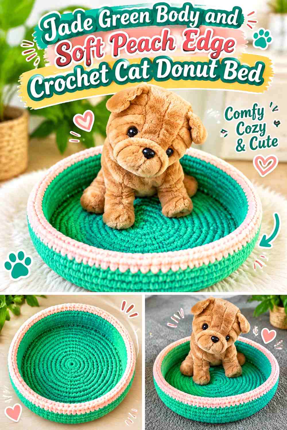 Jade Green Body and Soft Peach Edge Crochet Cat Donut Bed