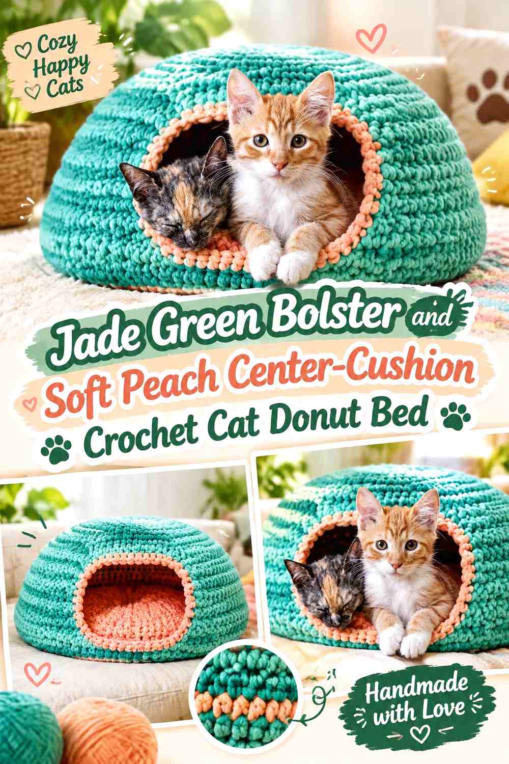 Jade Green Bolster and Soft Peach Center-Cushion Crochet Cat Donut Bed