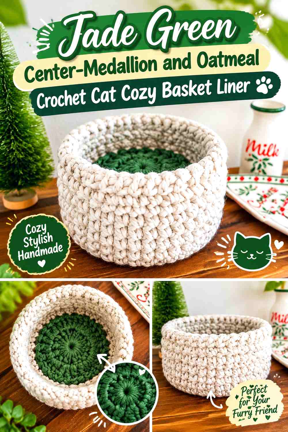 Jade Green Center-Medallion and Oatmeal Crochet Cat Cozy Basket Liner