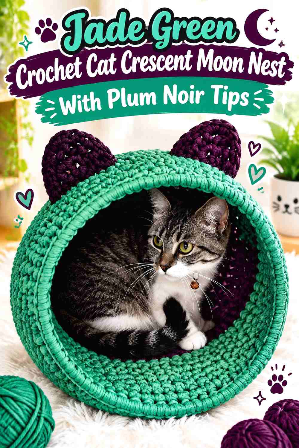 Jade Green Crochet Cat Crescent Moon Nest With Plum Noir Tips