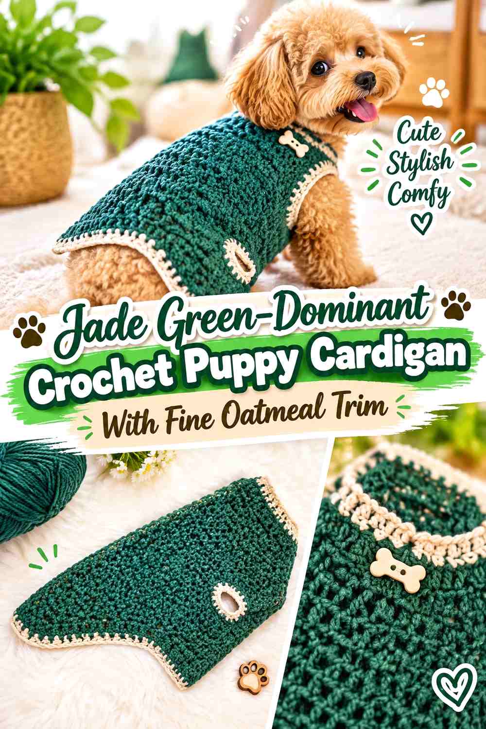 Jade Green-Dominant Crochet Puppy Cardigan With Fine Oatmeal Trim