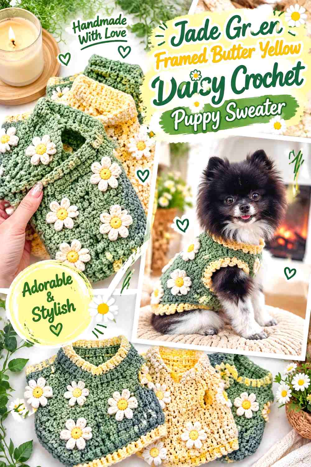 Jade Green Framed Butter Yellow Daisy Crochet Puppy Sweater