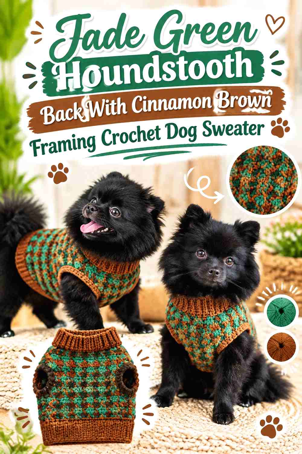 Jade Green Houndstooth Back With Cinnamon Brown Framing Crochet Dog Sweater