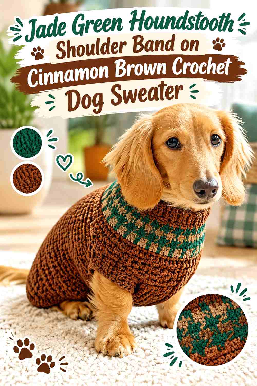 Jade Green Houndstooth Shoulder Band on Cinnamon Brown Crochet Dog Sweater