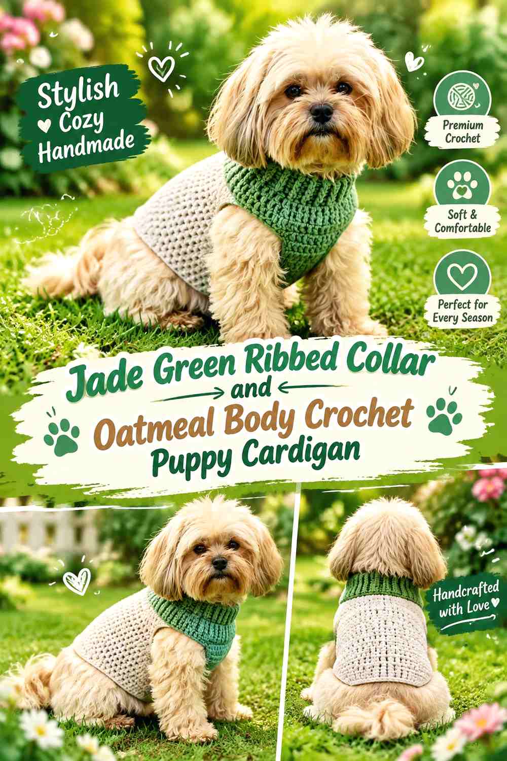 Jade Green Ribbed Collar and Oatmeal Body Crochet Puppy Cardigan