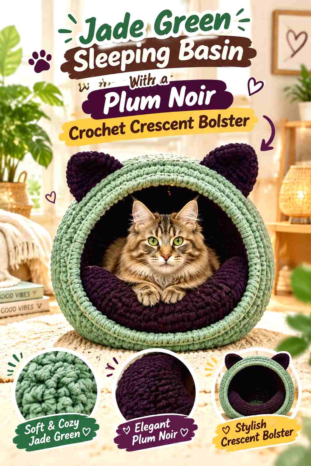 Jade Green Sleeping Basin With a Plum Noir Crochet Crescent Bolster