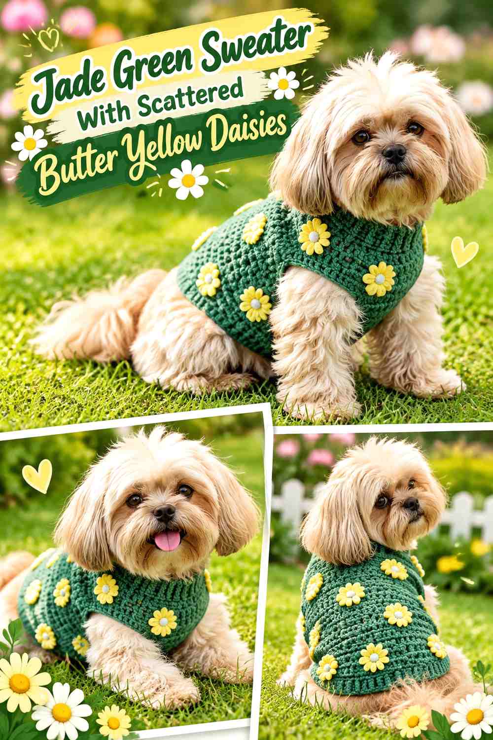 Jade Green Sweater With Scattered Butter Yellow Daisies