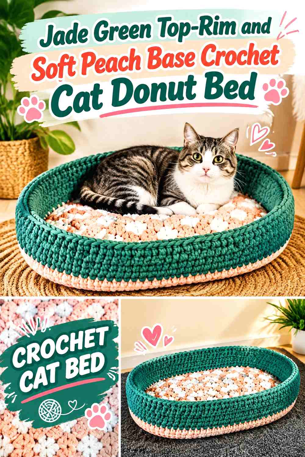 Jade Green Top-Rim and Soft Peach Base Crochet Cat Donut Bed
