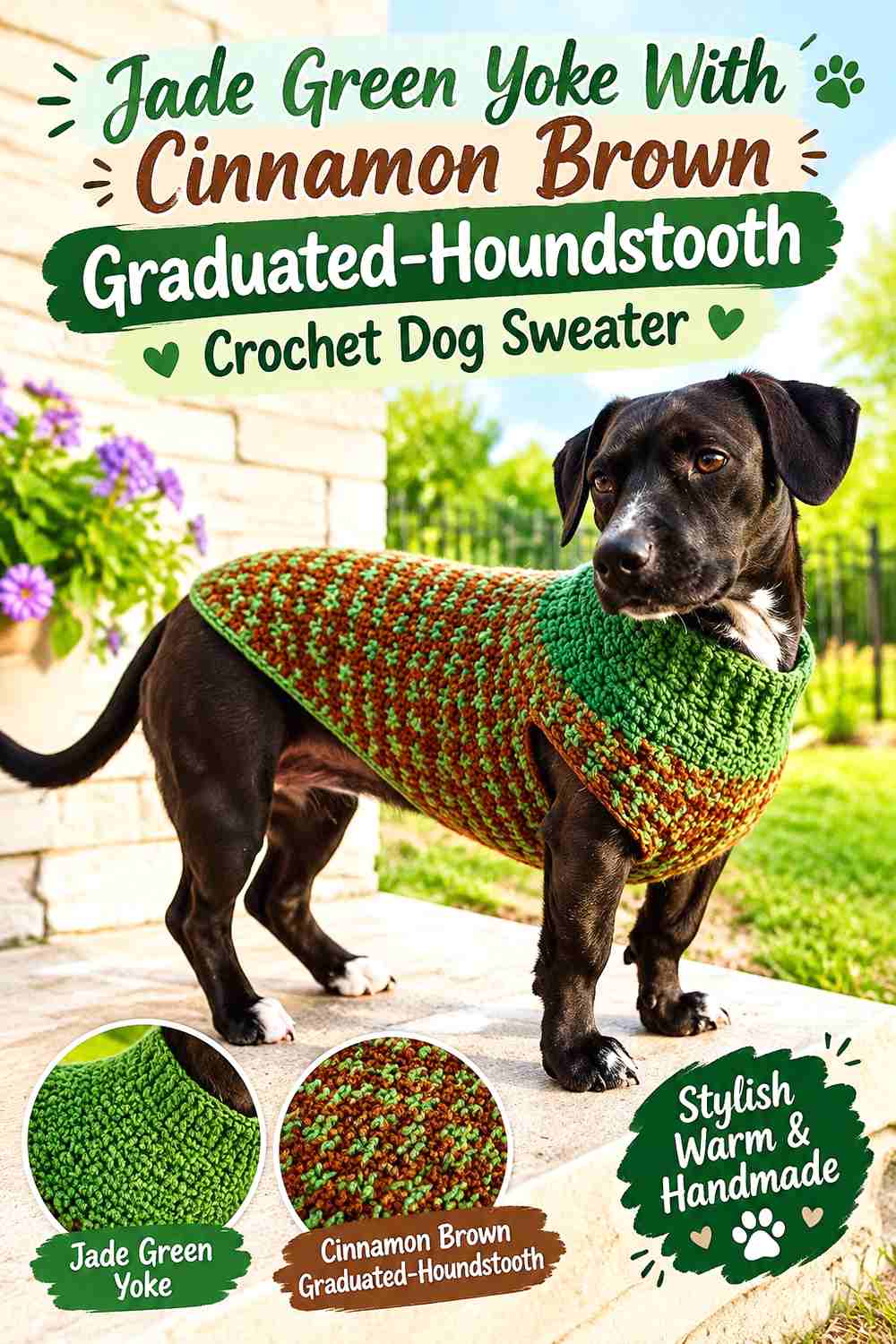 Jade Green Yoke With Cinnamon Brown Graduated-Houndstooth Crochet Dog Sweater