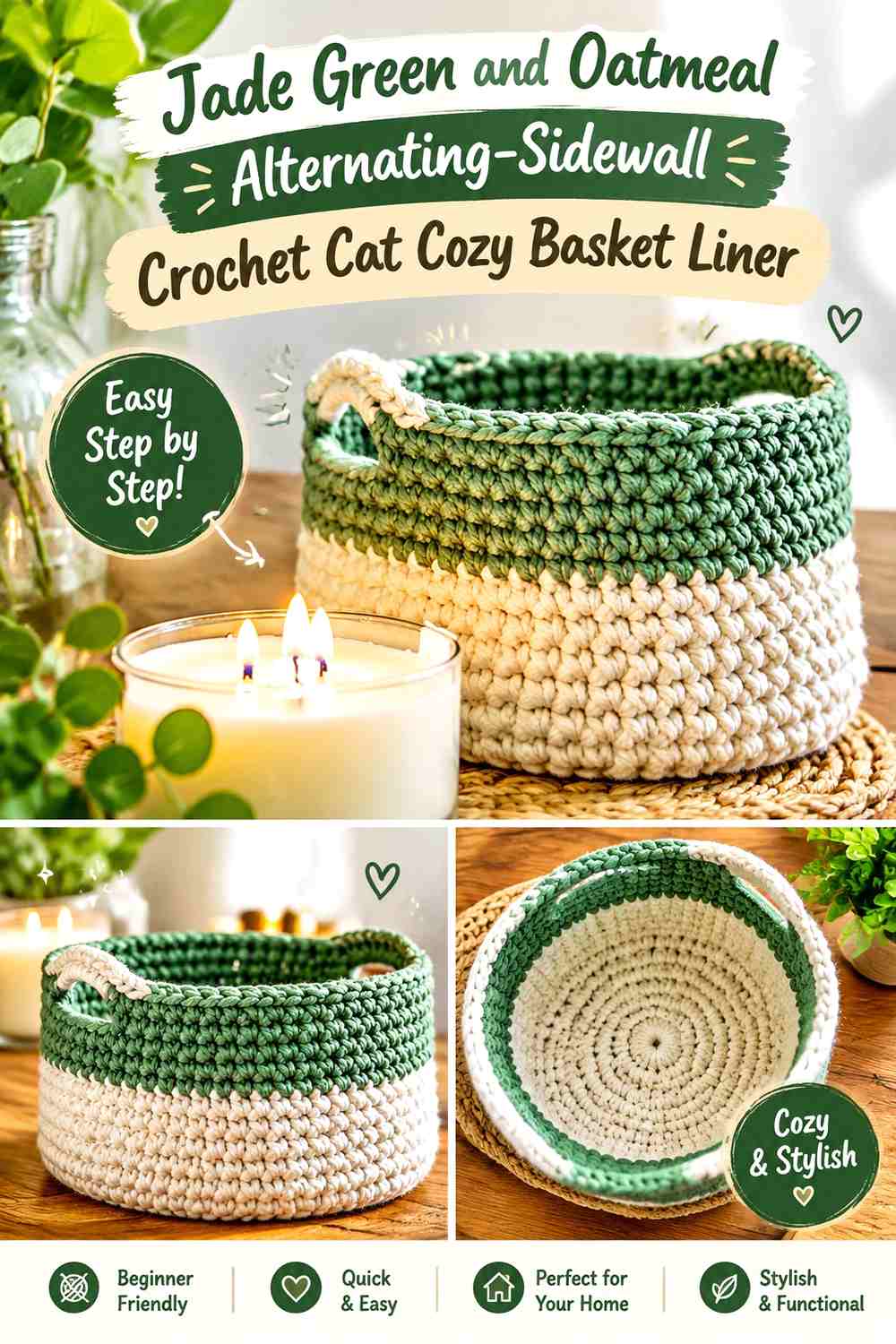 Jade Green and Oatmeal Alternating-Sidewall Crochet Cat Cozy Basket Liner