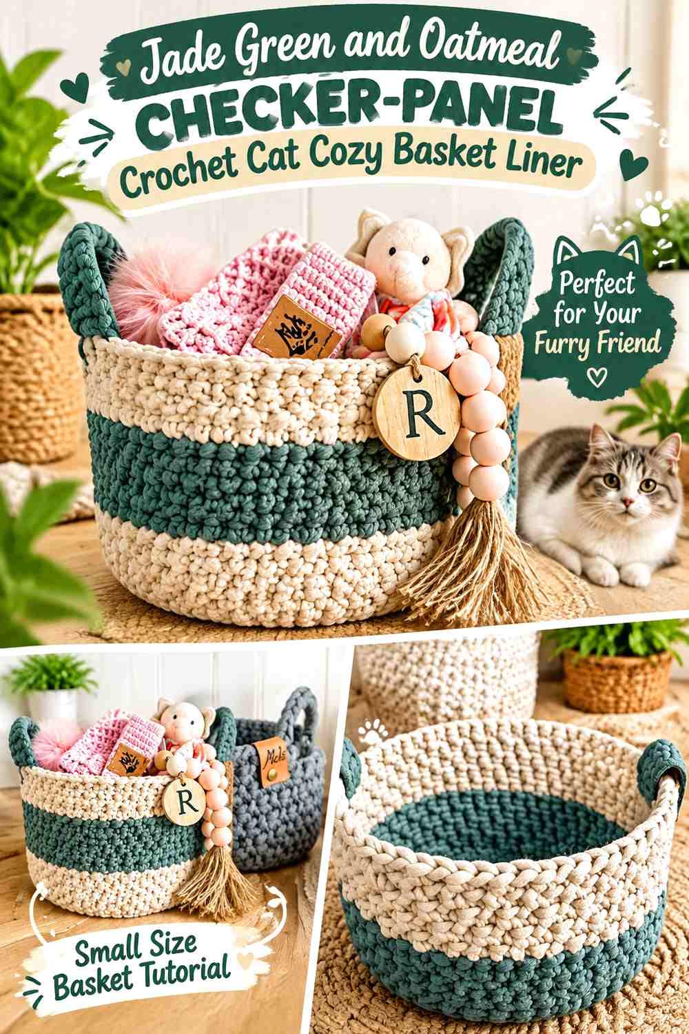 Jade Green and Oatmeal Checker-Panel Crochet Cat Cozy Basket Liner