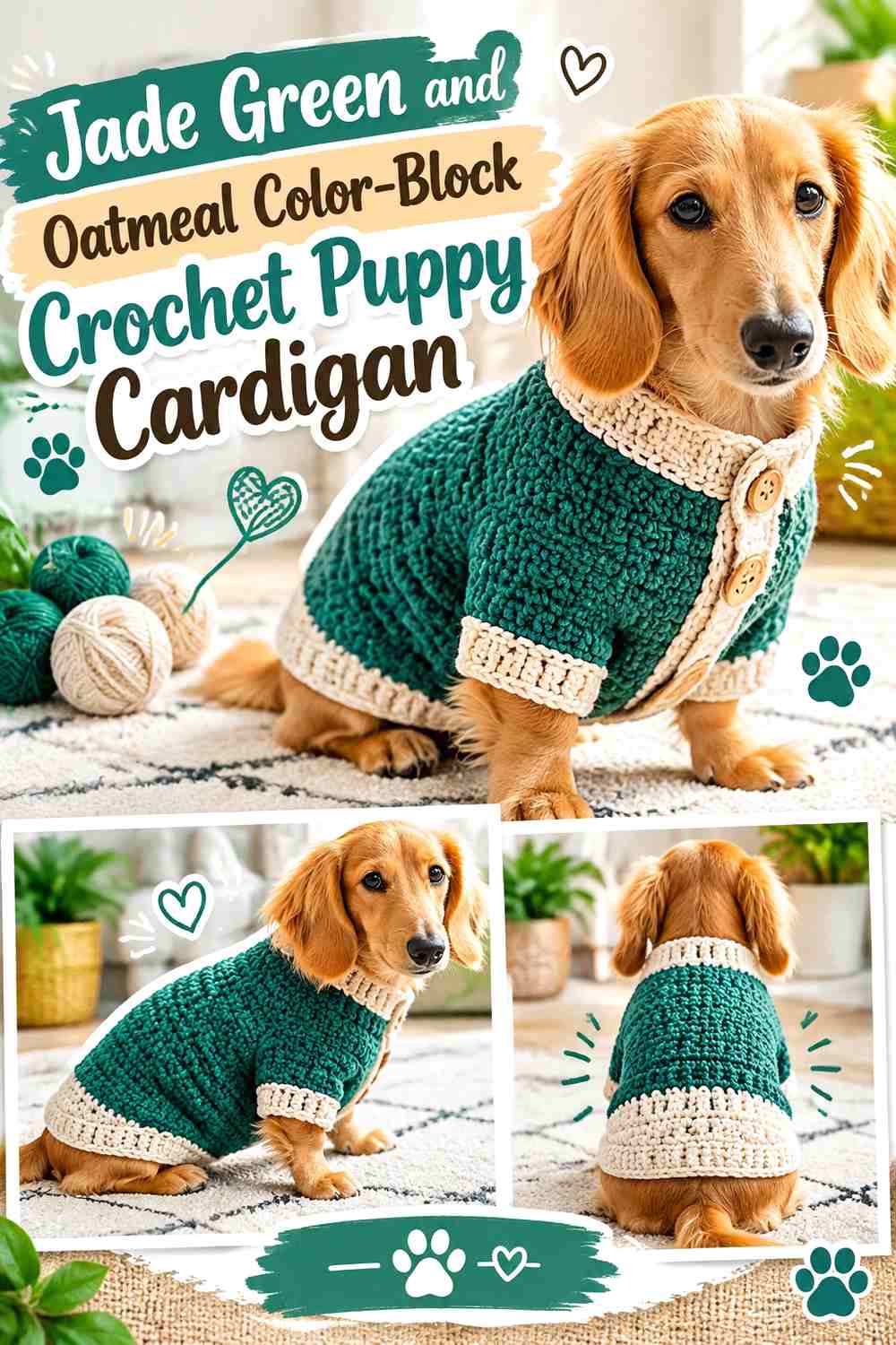 Jade Green and Oatmeal Color-Block Crochet Puppy Cardigan