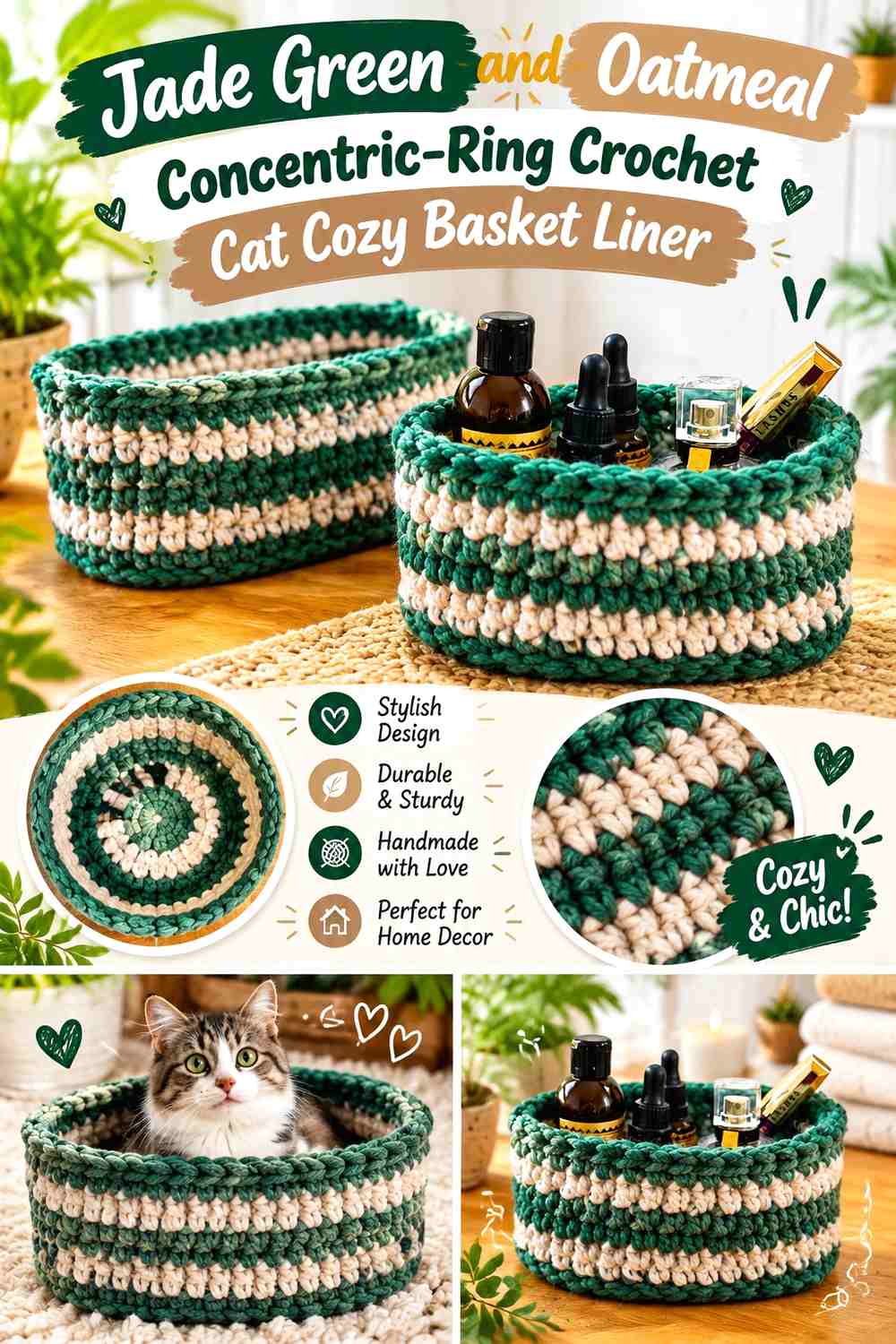 Jade Green and Oatmeal Concentric-Ring Crochet Cat Cozy Basket Liner