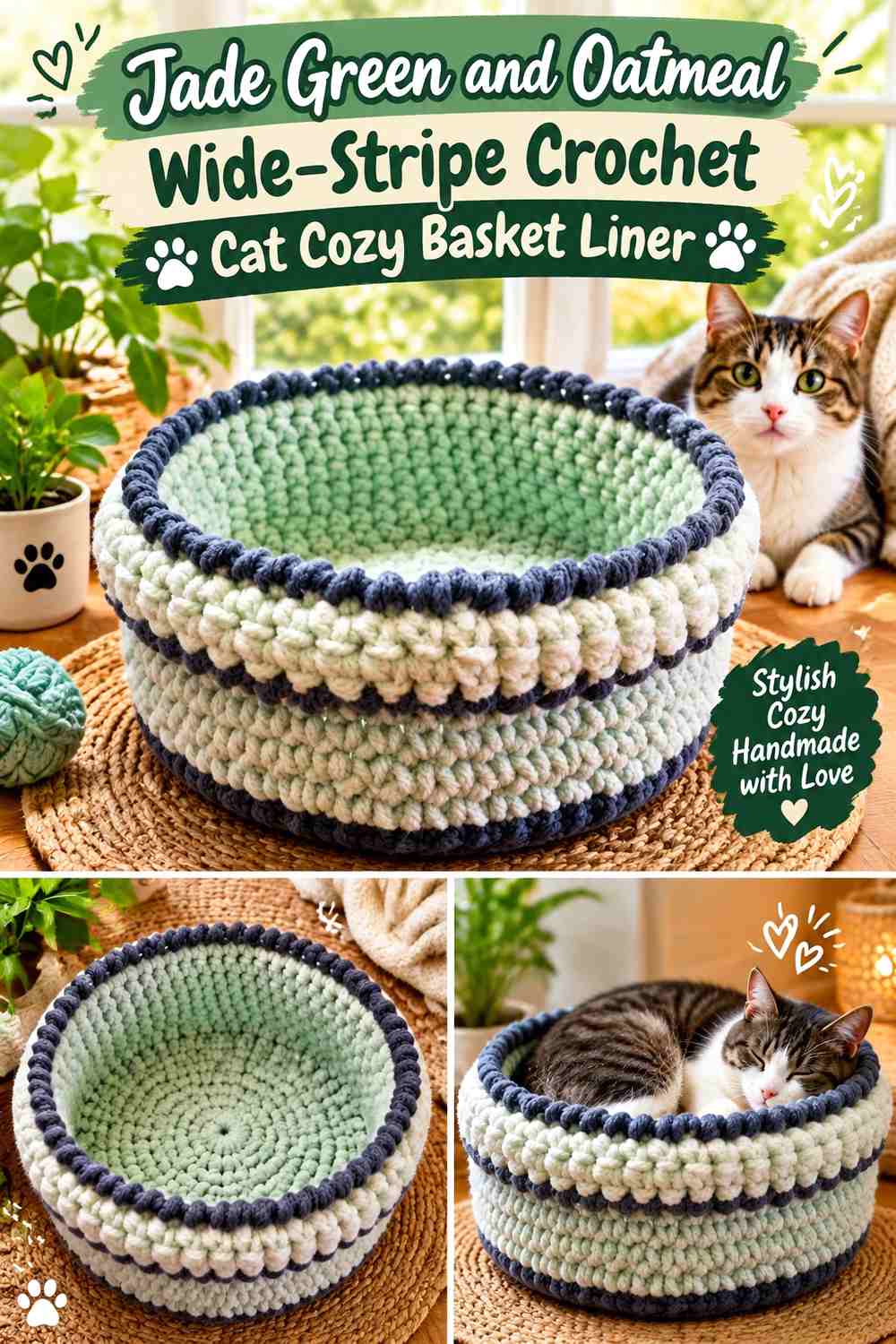 Jade Green and Oatmeal Wide-Stripe Crochet Cat Cozy Basket Liner