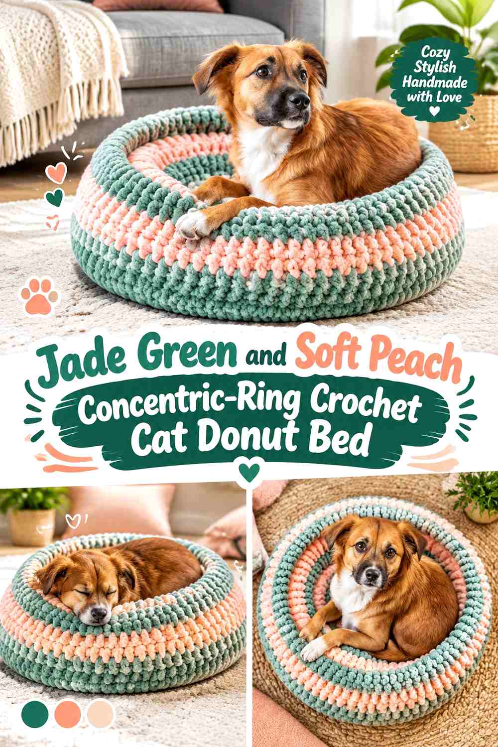 Jade Green and Soft Peach Concentric-Ring Crochet Cat Donut Bed