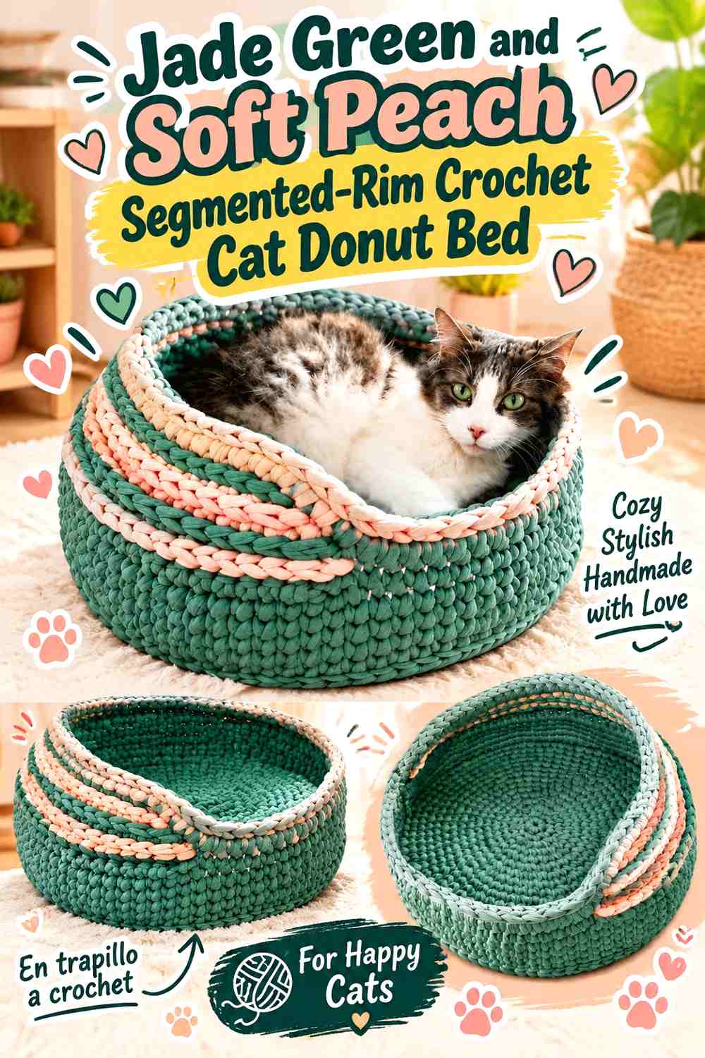 Jade Green and Soft Peach Segmented-Rim Crochet Cat Donut Bed