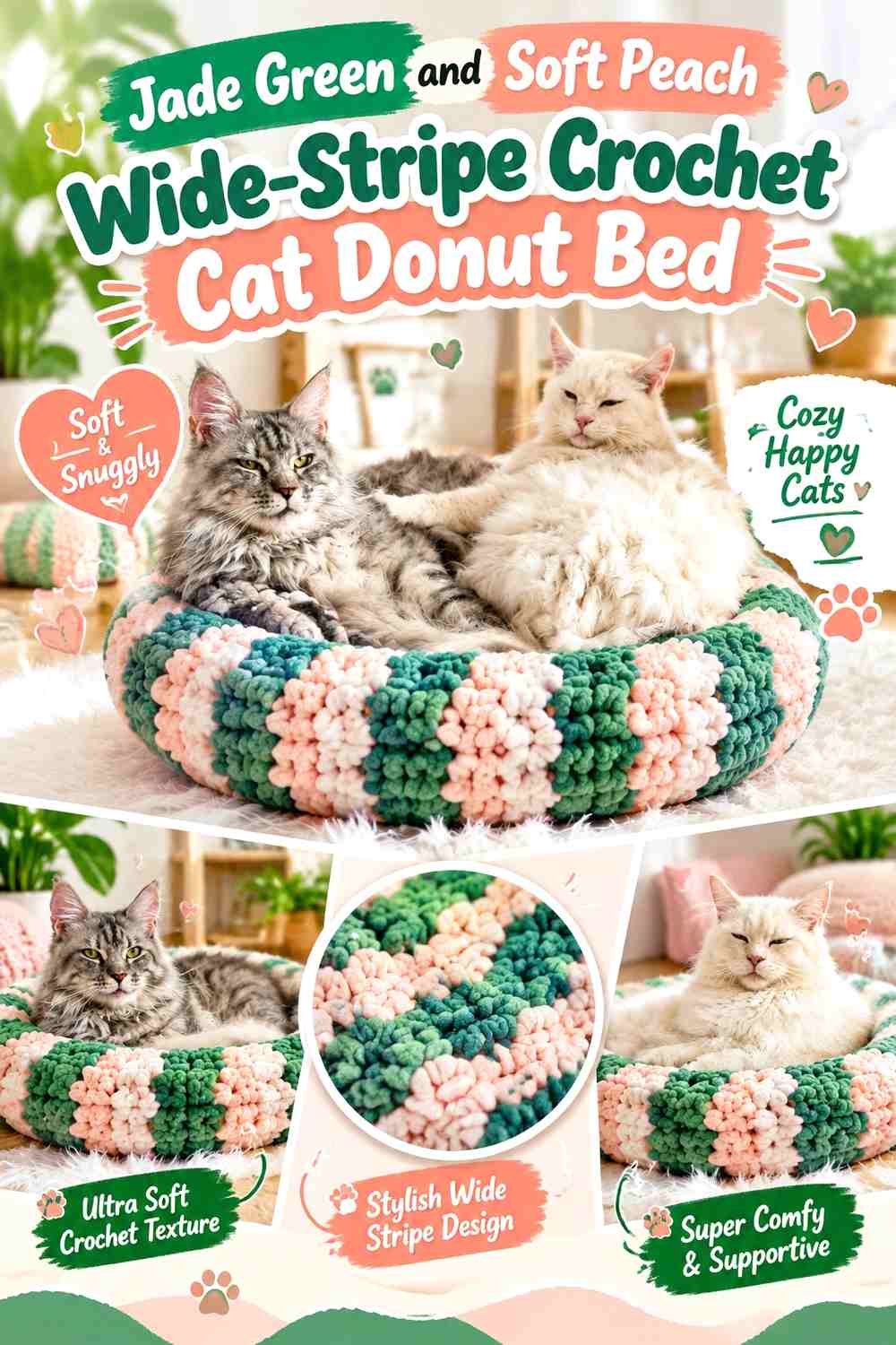 Jade Green and Soft Peach Wide-Stripe Crochet Cat Donut Bed