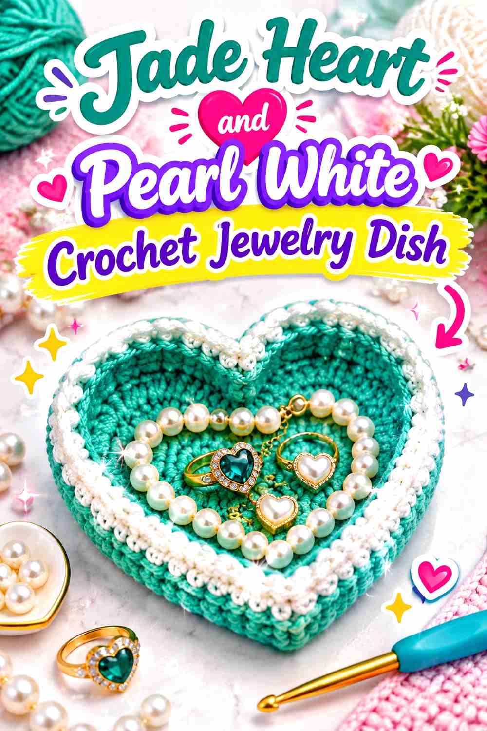 5. Jade Heart And Pearl White Crochet Jewelry Dish