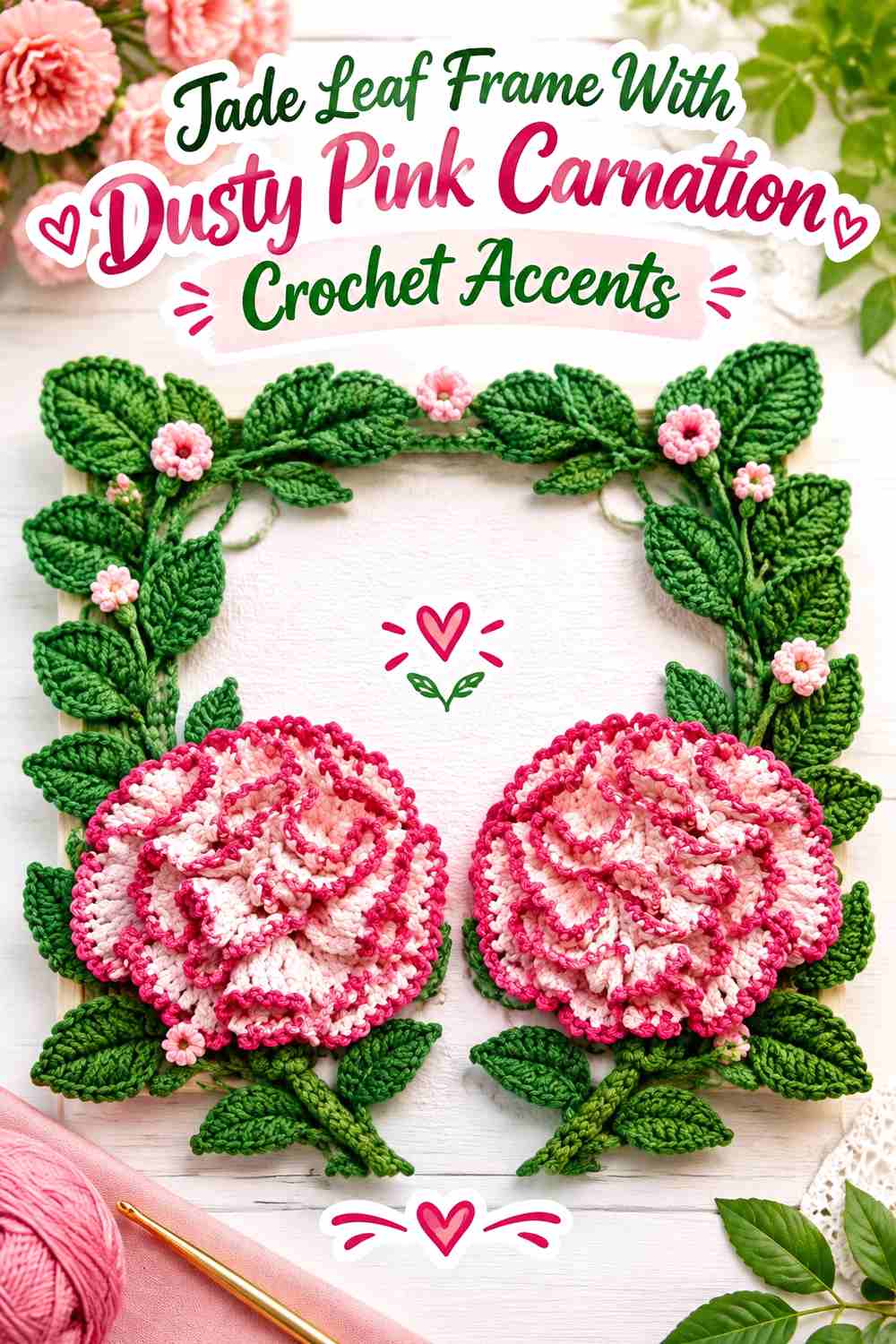 17. Jade Leaf Frame With Dusty Pink Carnation Crochet Accents