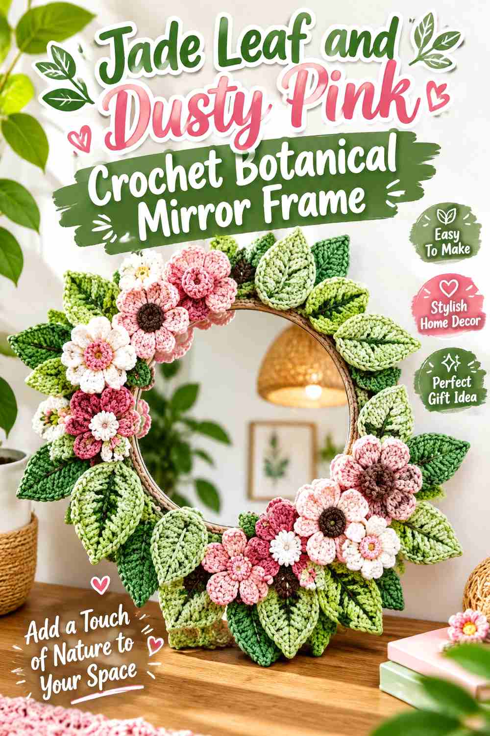 5. Jade Leaf And Dusty Pink Crochet Botanical Mirror Frame