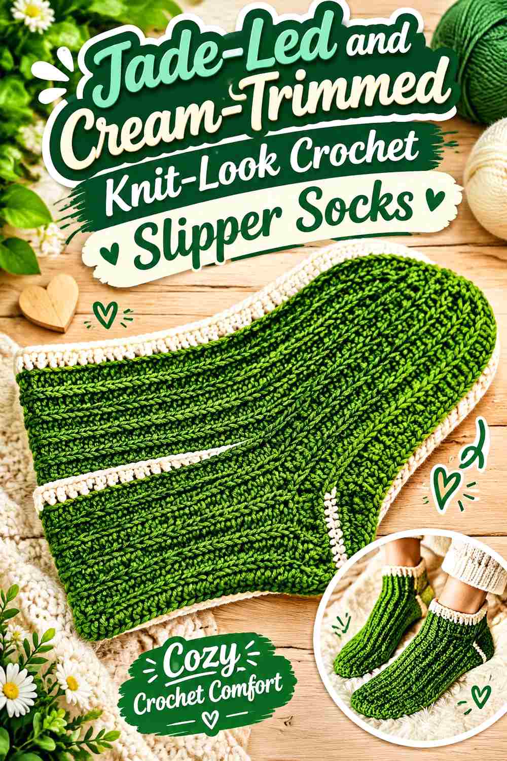 7. Jade Led And Cream Trimmed Knit Look Crochet Slipper Socks