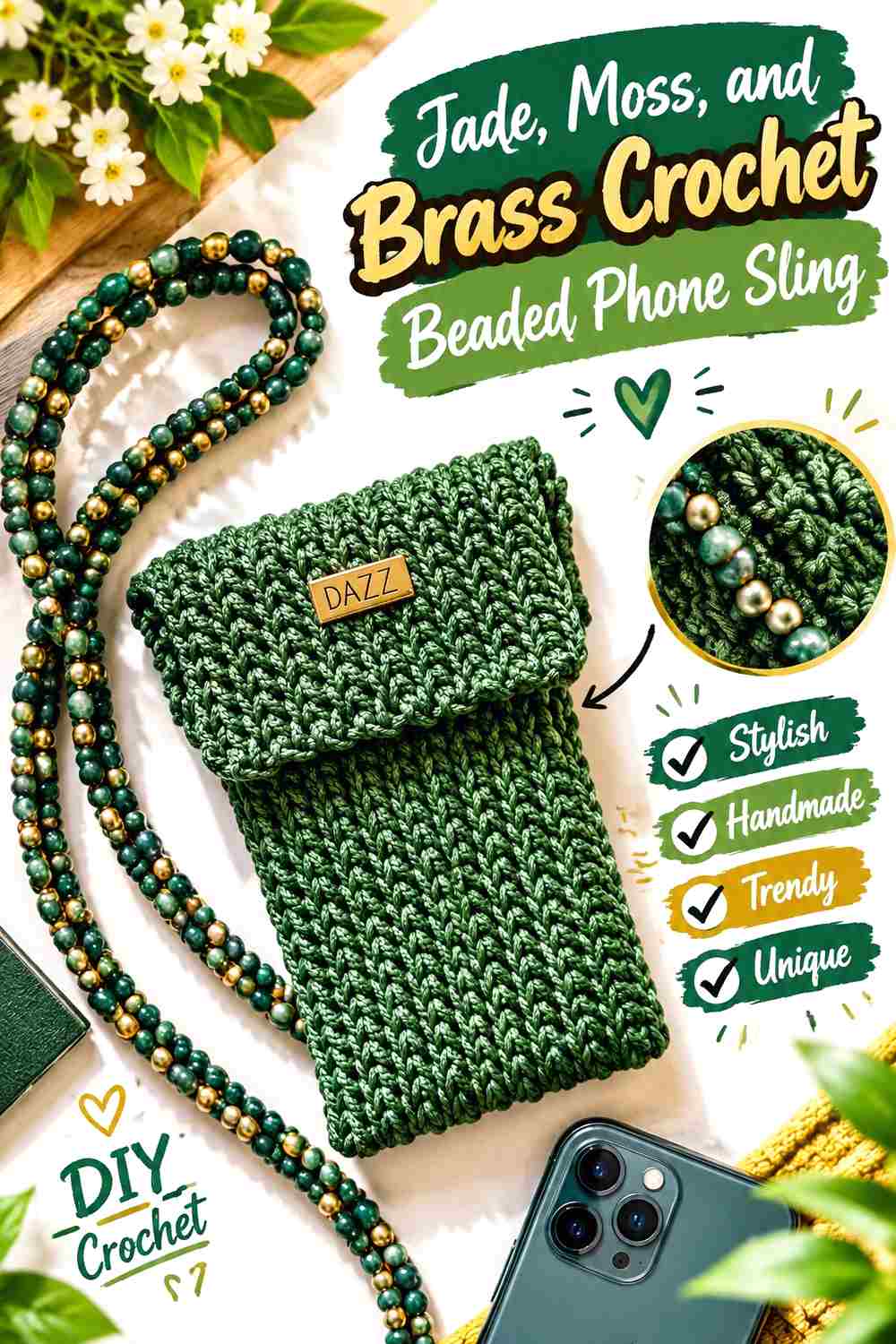 14. Jade Moss And Brass Crochet Beaded Phone Sling