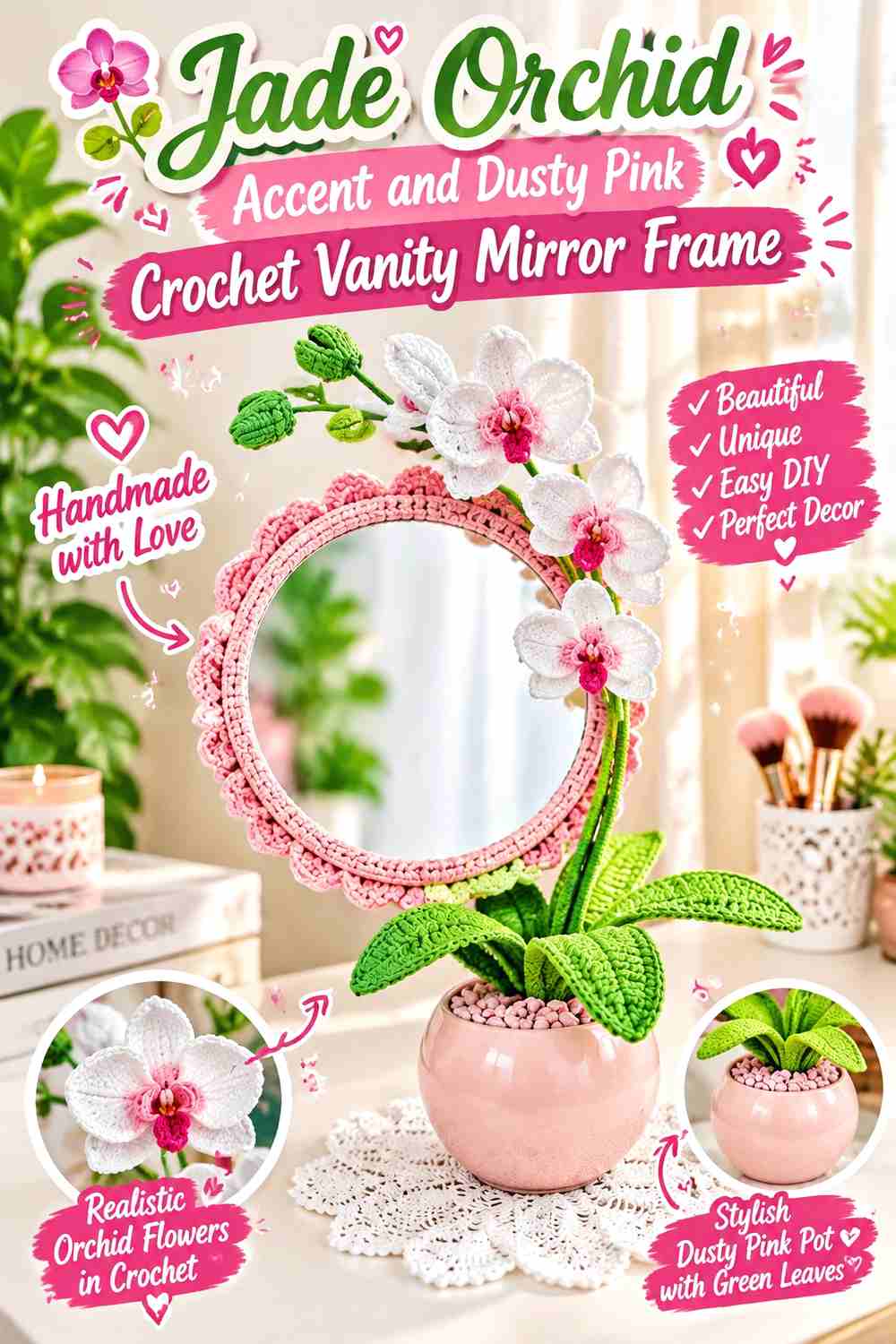 15. Jade Orchid Accent And Dusty Pink Crochet Vanity Mirror Frame