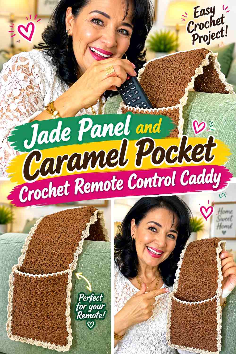 1. Jade Panel And Caramel Pocket Crochet Remote Control Caddy