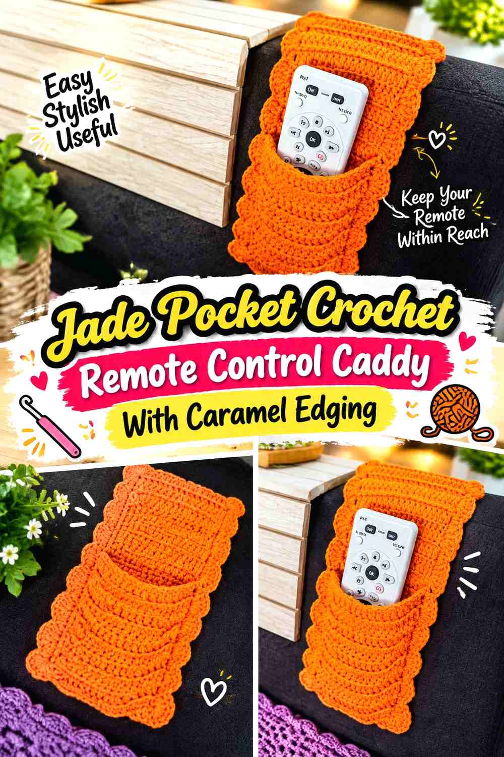 4. Jade Pocket Crochet Remote Control Caddy With Caramel Edging