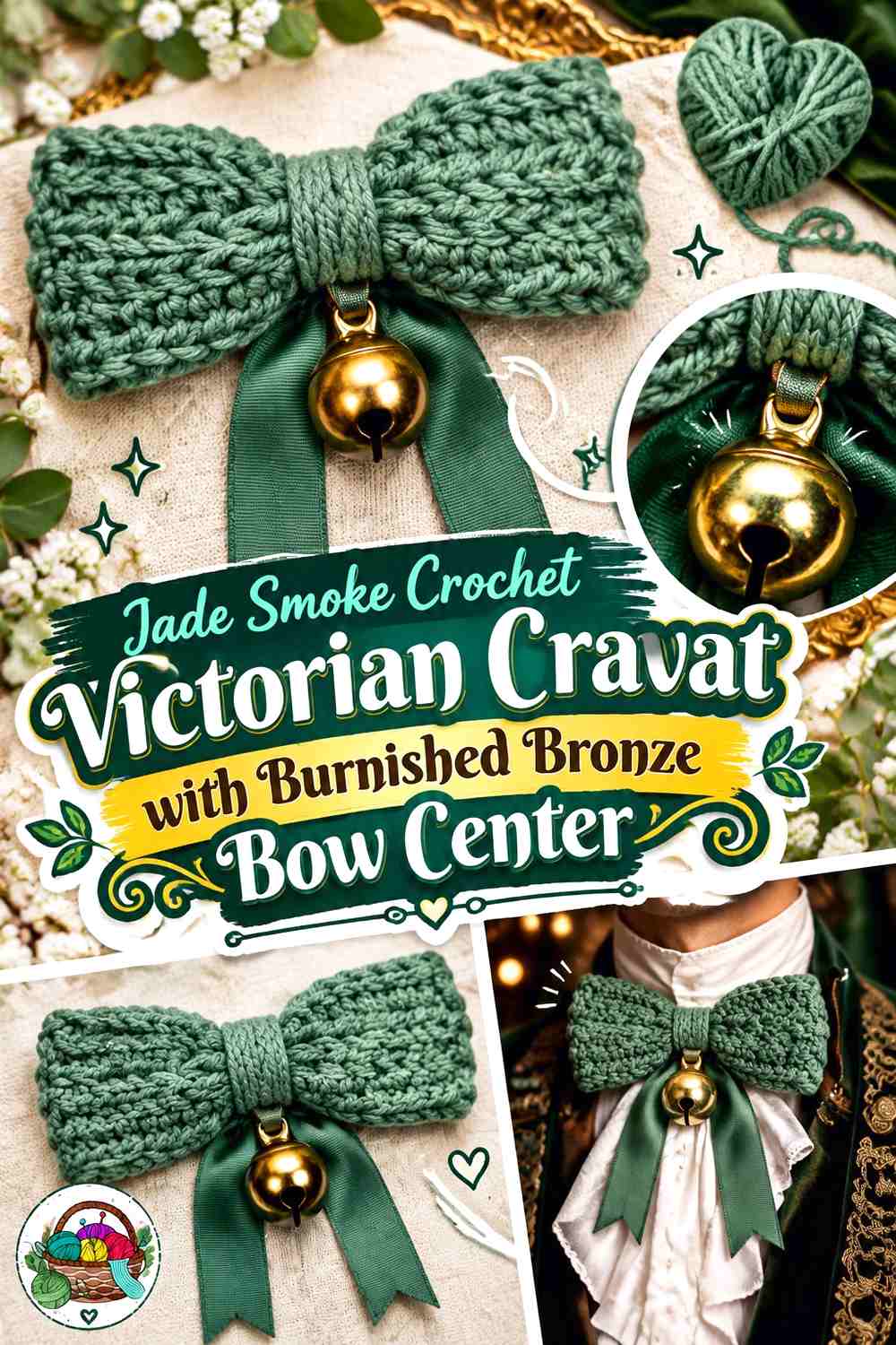 Jade Smoke Crochet Victorian Cravat with Burnished Bronze Bow Center