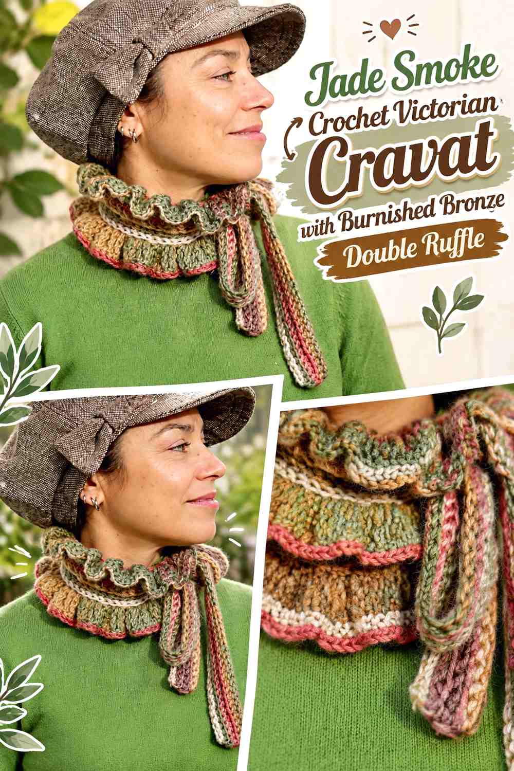 Jade Smoke Crochet Victorian Cravat with Burnished Bronze Double Ruffle