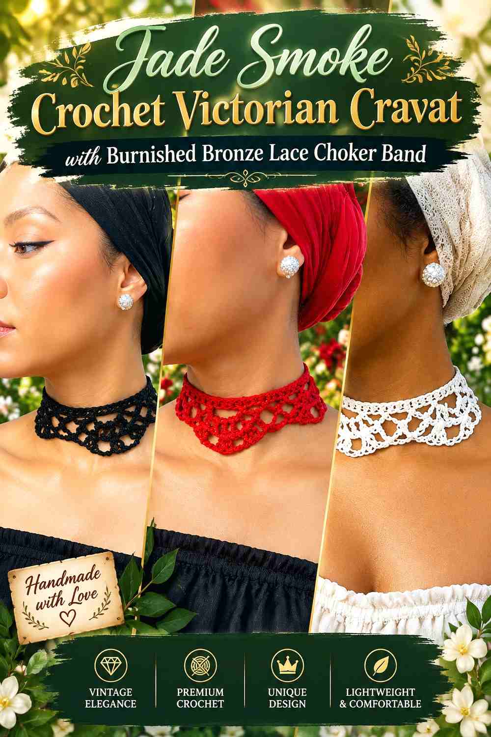 Jade Smoke Crochet Victorian Cravat with Burnished Bronze Lace Choker Band