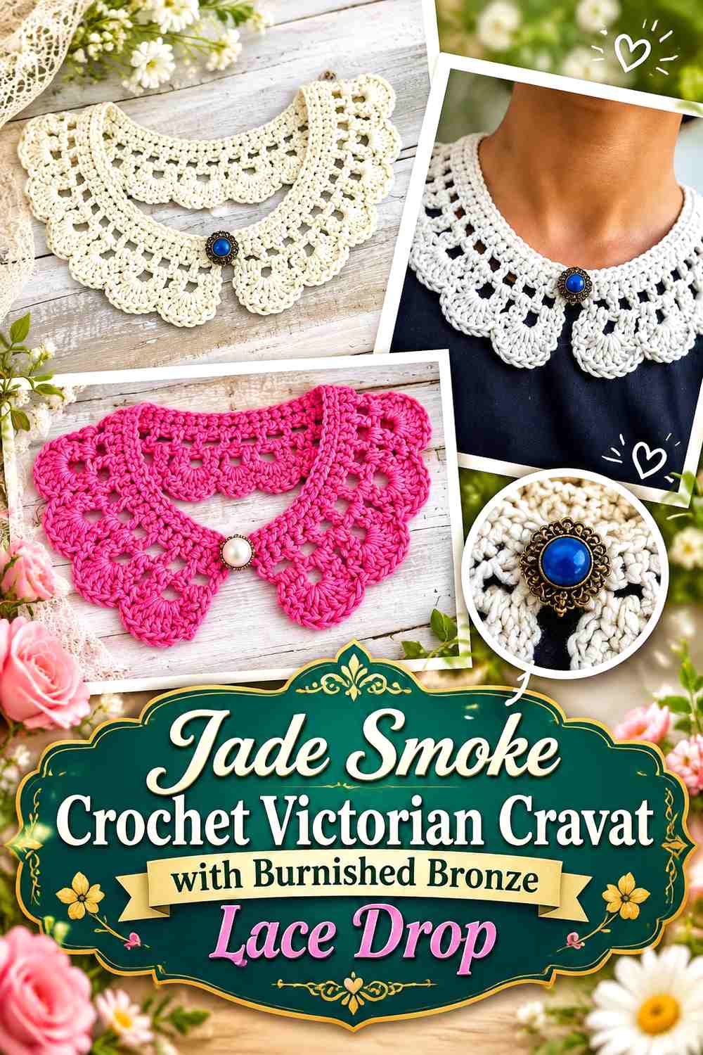 Jade Smoke Crochet Victorian Cravat with Burnished Bronze Lace Drop