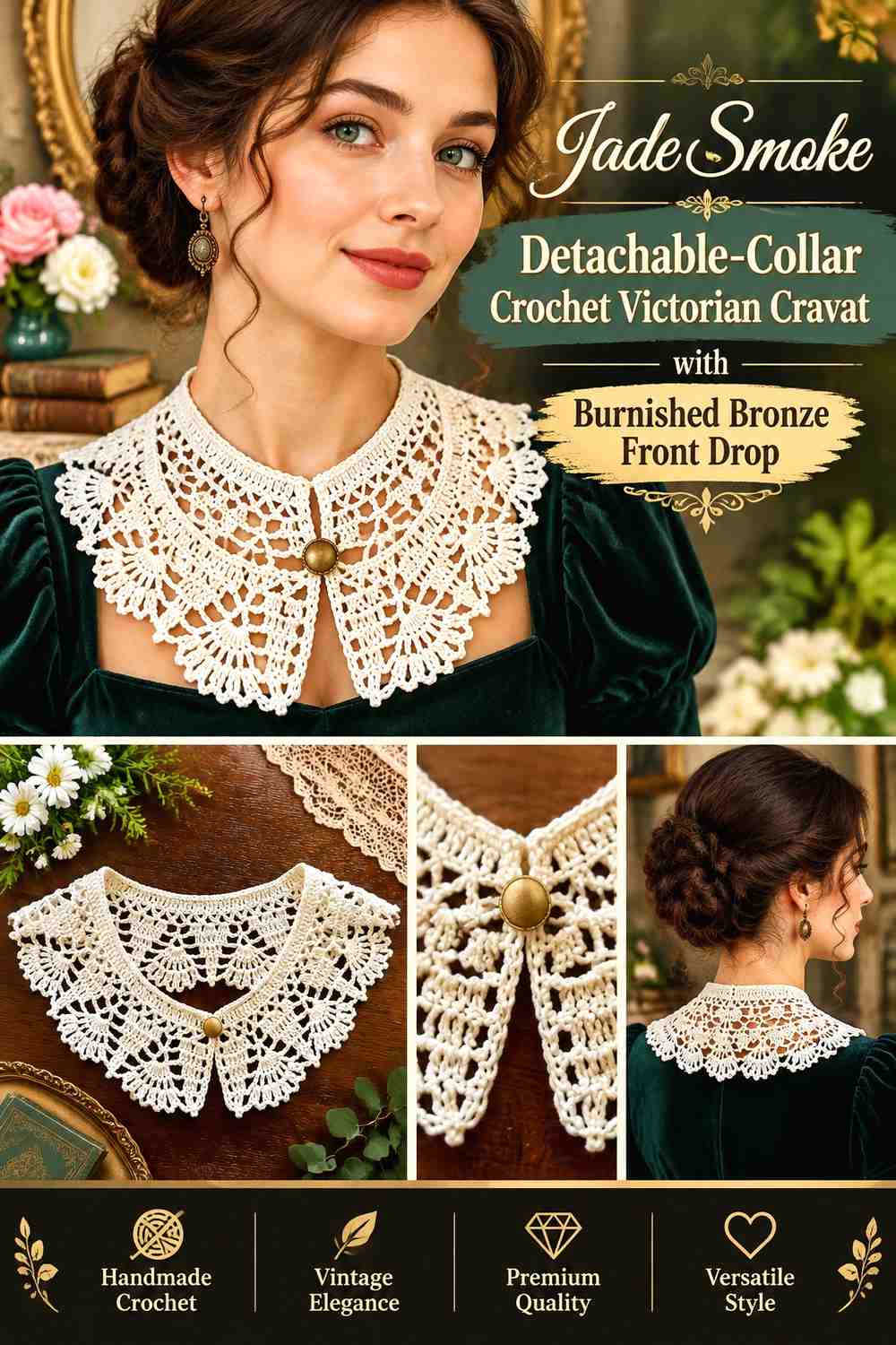 Jade Smoke Detachable-Collar Crochet Victorian Cravat with Burnished Bronze Front Drop