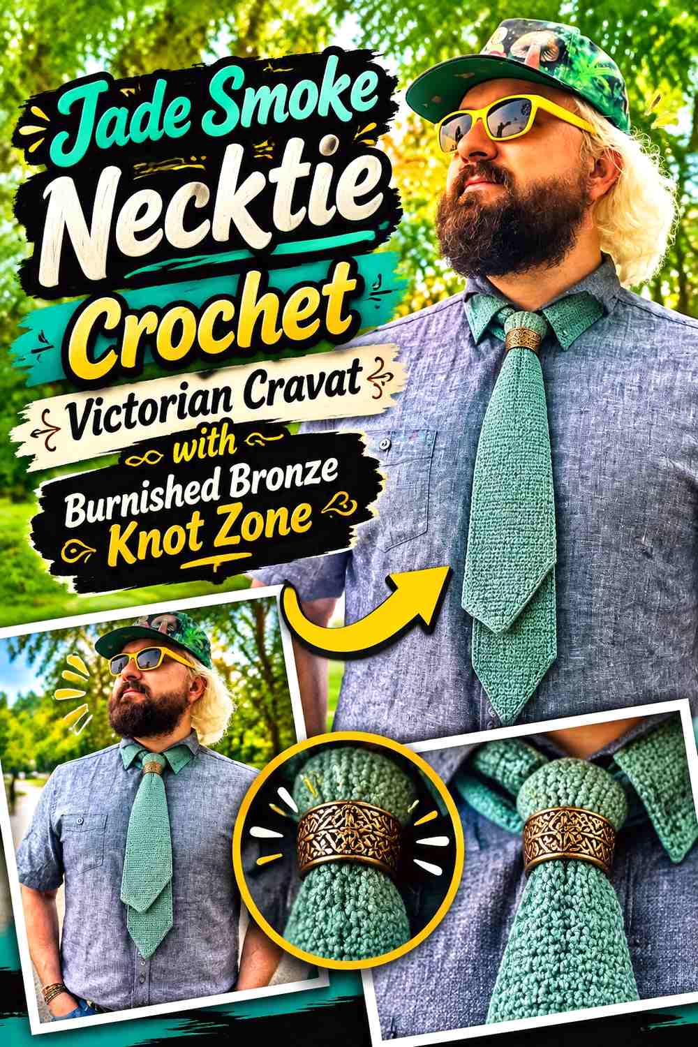 Jade Smoke Necktie Crochet Victorian Cravat with Burnished Bronze Knot Zone