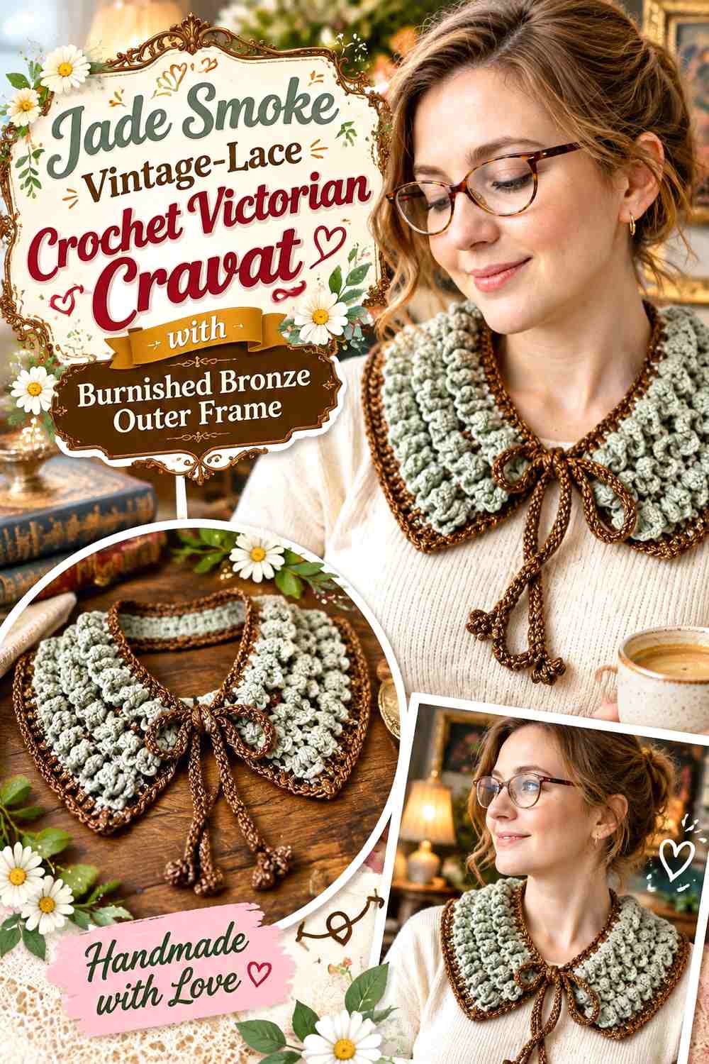 Jade Smoke Vintage-Lace Crochet Victorian Cravat with Burnished Bronze Outer Frame