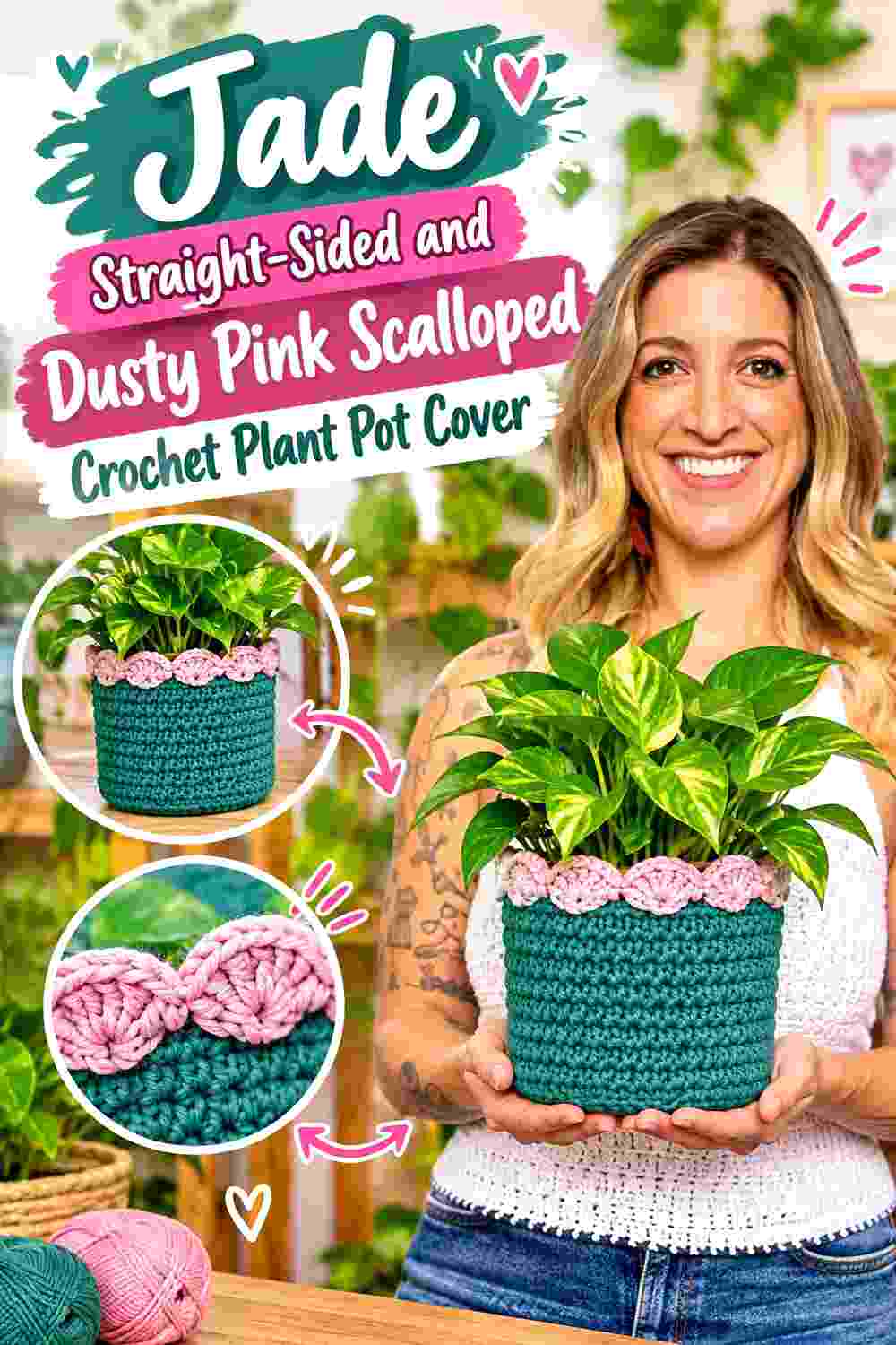 10. Jade Straight Sided And Dusty Pink Scalloped Crochet Plant Pot Cover
