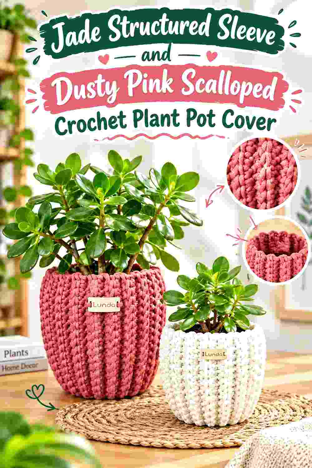 4. Jade Structured Sleeve And Dusty Pink Scalloped Crochet Plant Pot Cover