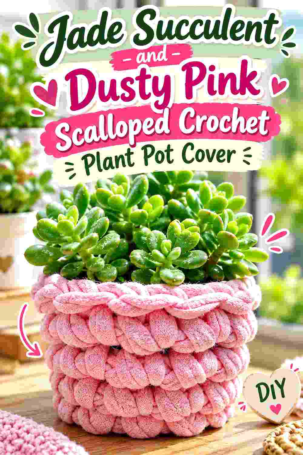 12. Jade Succulent And Dusty Pink Scalloped Crochet Plant Pot Cover