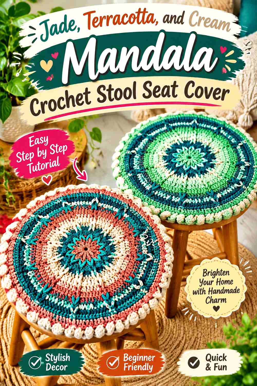 3. Jade Terracotta And Cream Mandala Crochet Stool Seat Cover