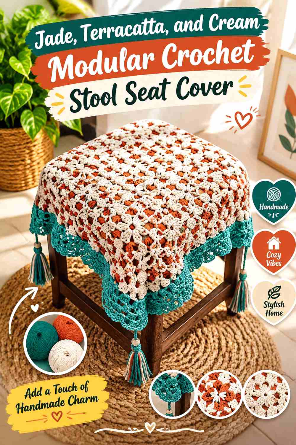 12. Jade Terracotta And Cream Modular Crochet Stool Seat Cover