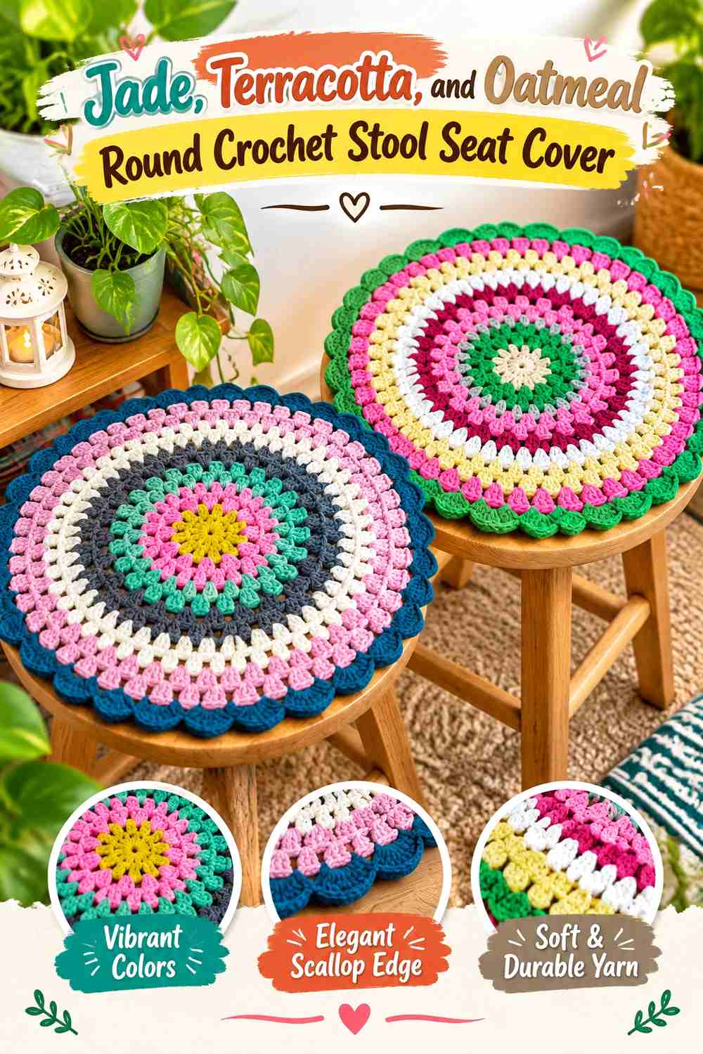 9. Jade Terracotta And Oatmeal Round Crochet Stool Seat Cover