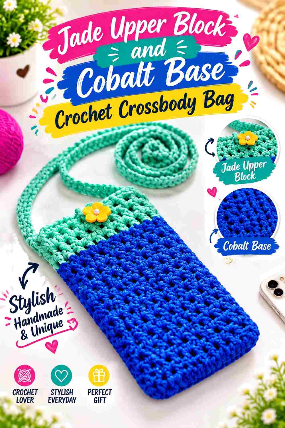 3. Jade Upper Block And Cobalt Base Crochet Crossbody Bag