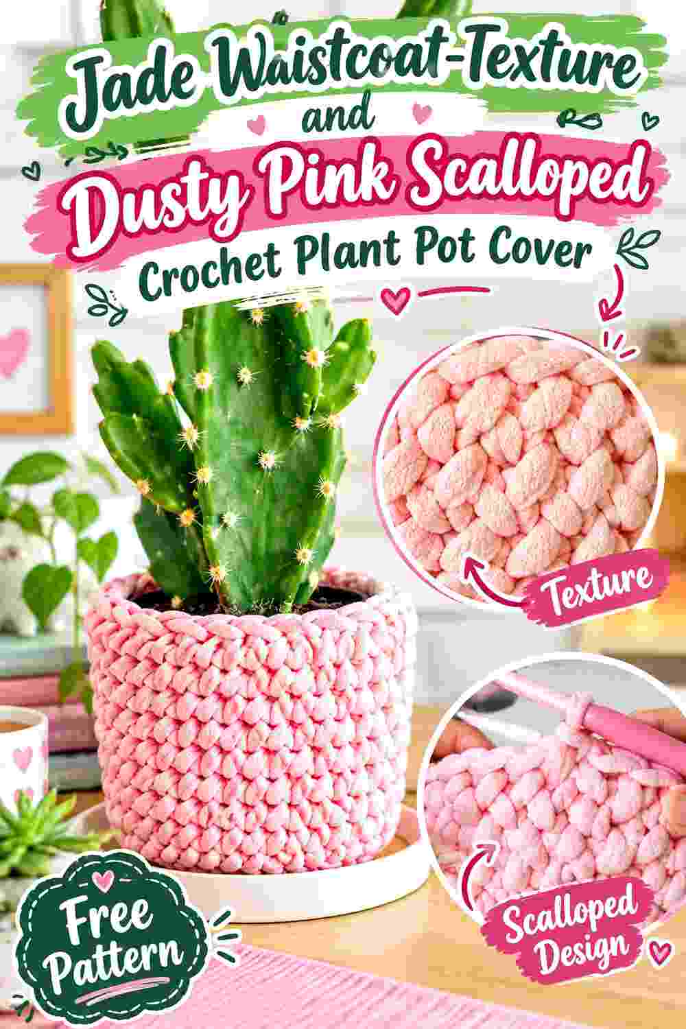 3. Jade Waistcoat Texture And Dusty Pink Scalloped Crochet Plant Pot Cover