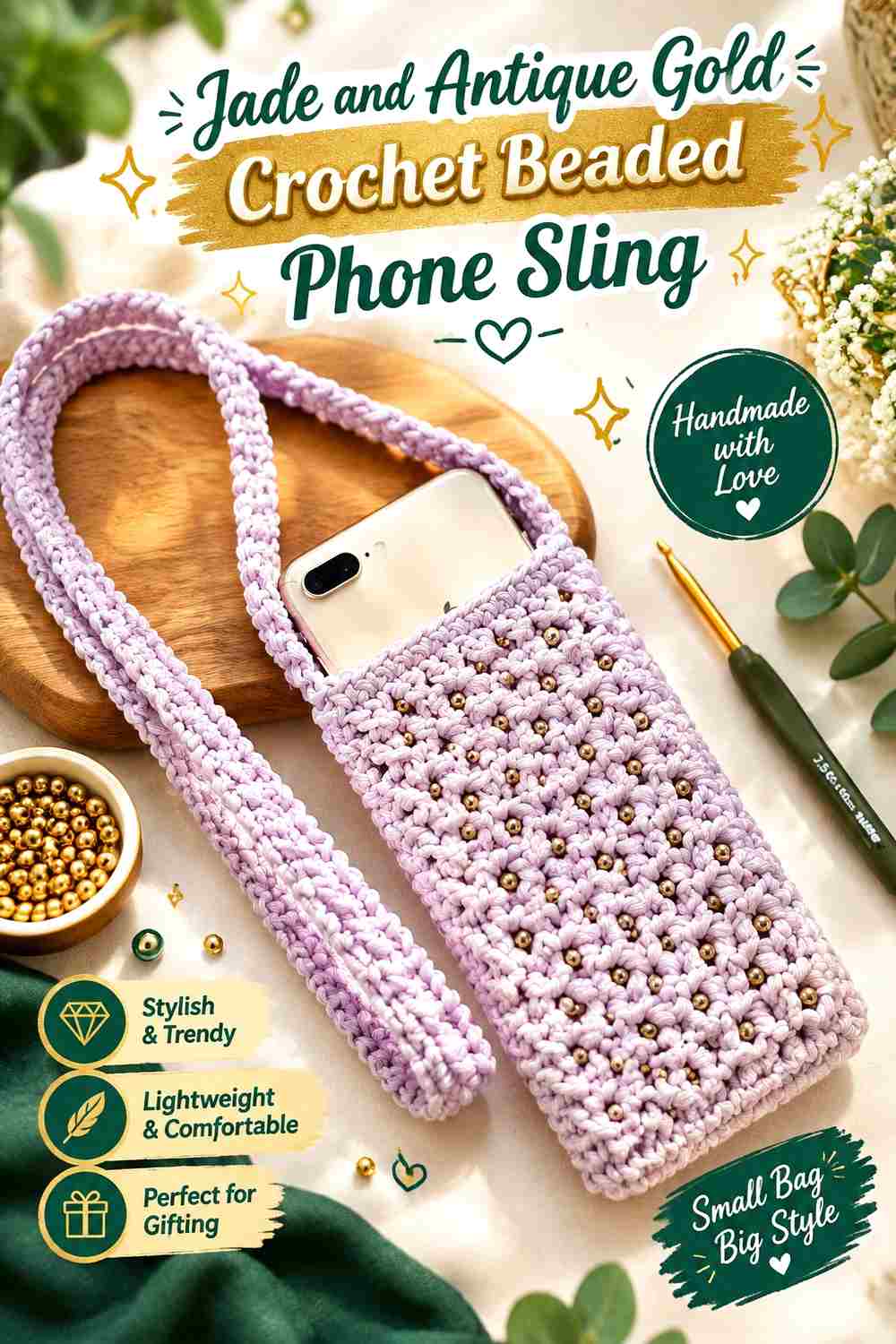 2. Jade And Antique Gold Crochet Beaded Phone Sling