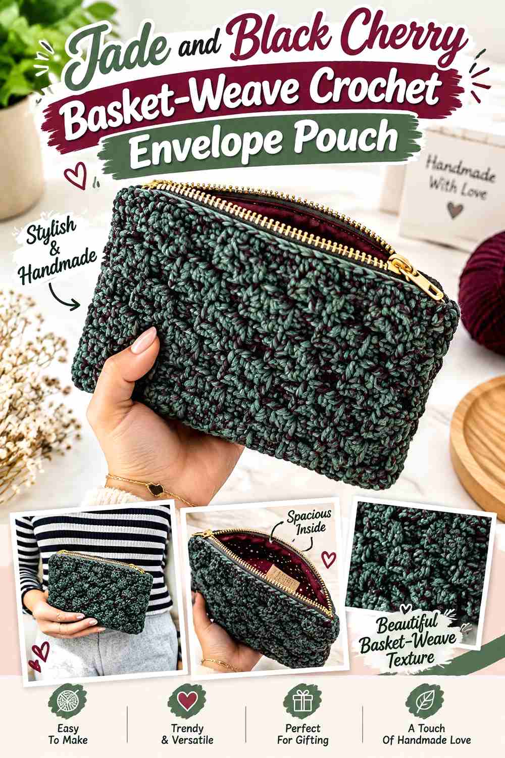 14. Jade And Black Cherry Basket Weave Crochet Envelope Pouch